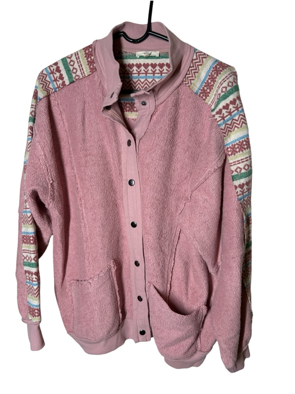{EUC} Easel Pink Textured Cardigan Jacket with Fair Isle Accents Small